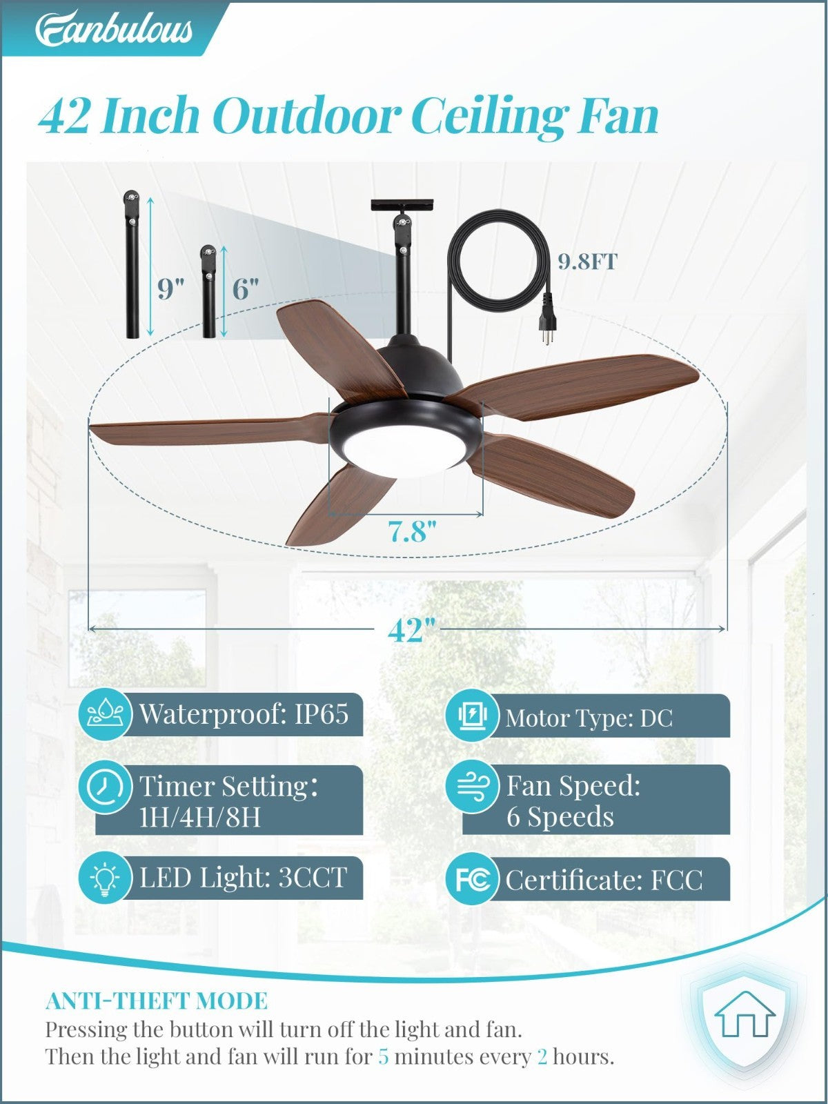 42" Waterproof Outdoor Ceiling Fan with Light   Perfect for Patio & Deck, Brown5