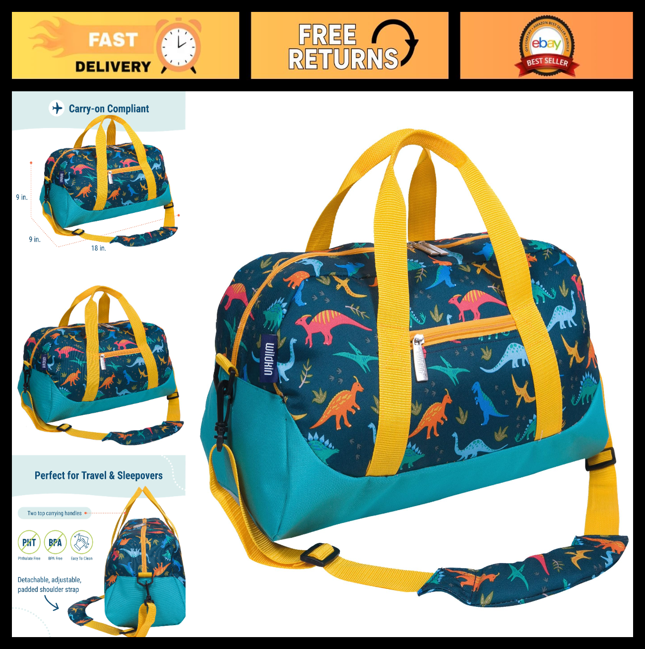 Kids Overnighter Duffel Bag - Carry-On Size for School & Sleepovers - Jurassic D0