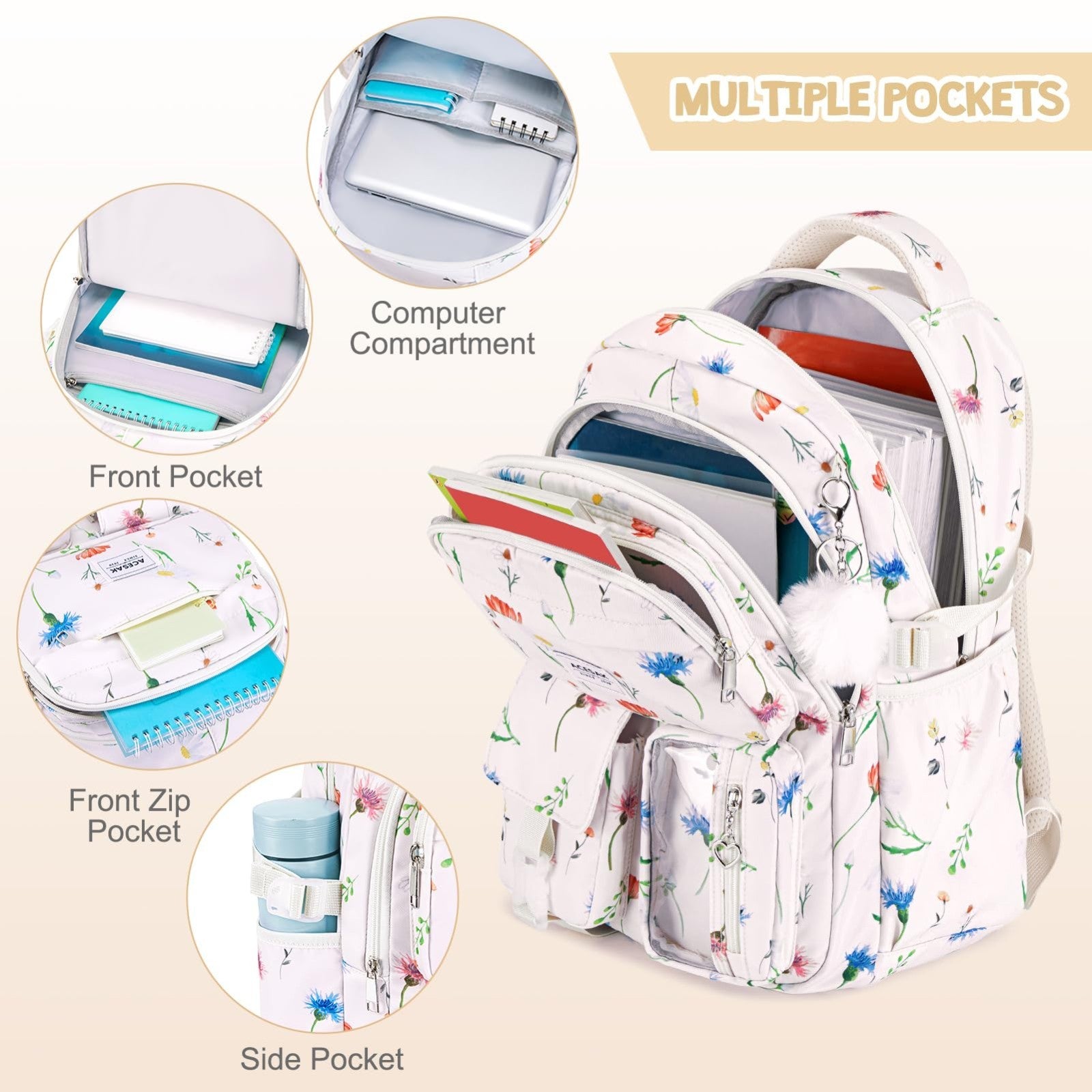 Stylish Girls Backpack with Lunch Bag & Pencil Pouch   Teen Laptop Bookbag, Beig3