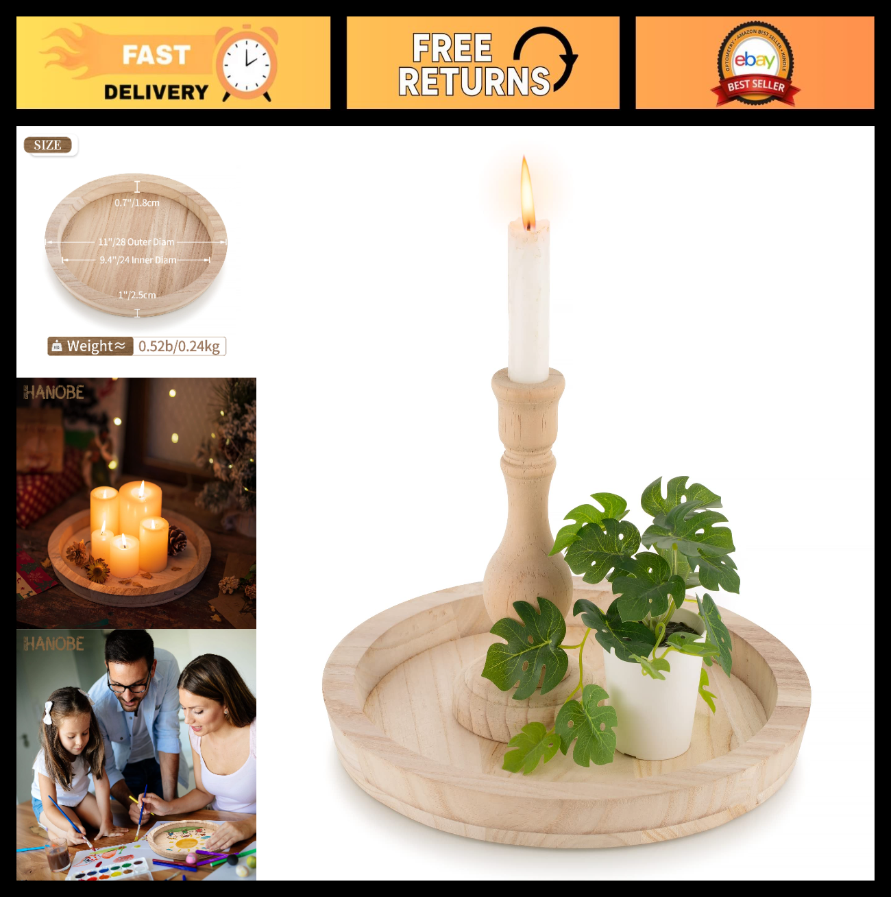 Round Wood Decorative Tray - Unfinished Wooden Craft Tray for DIY, Serving, Cent0