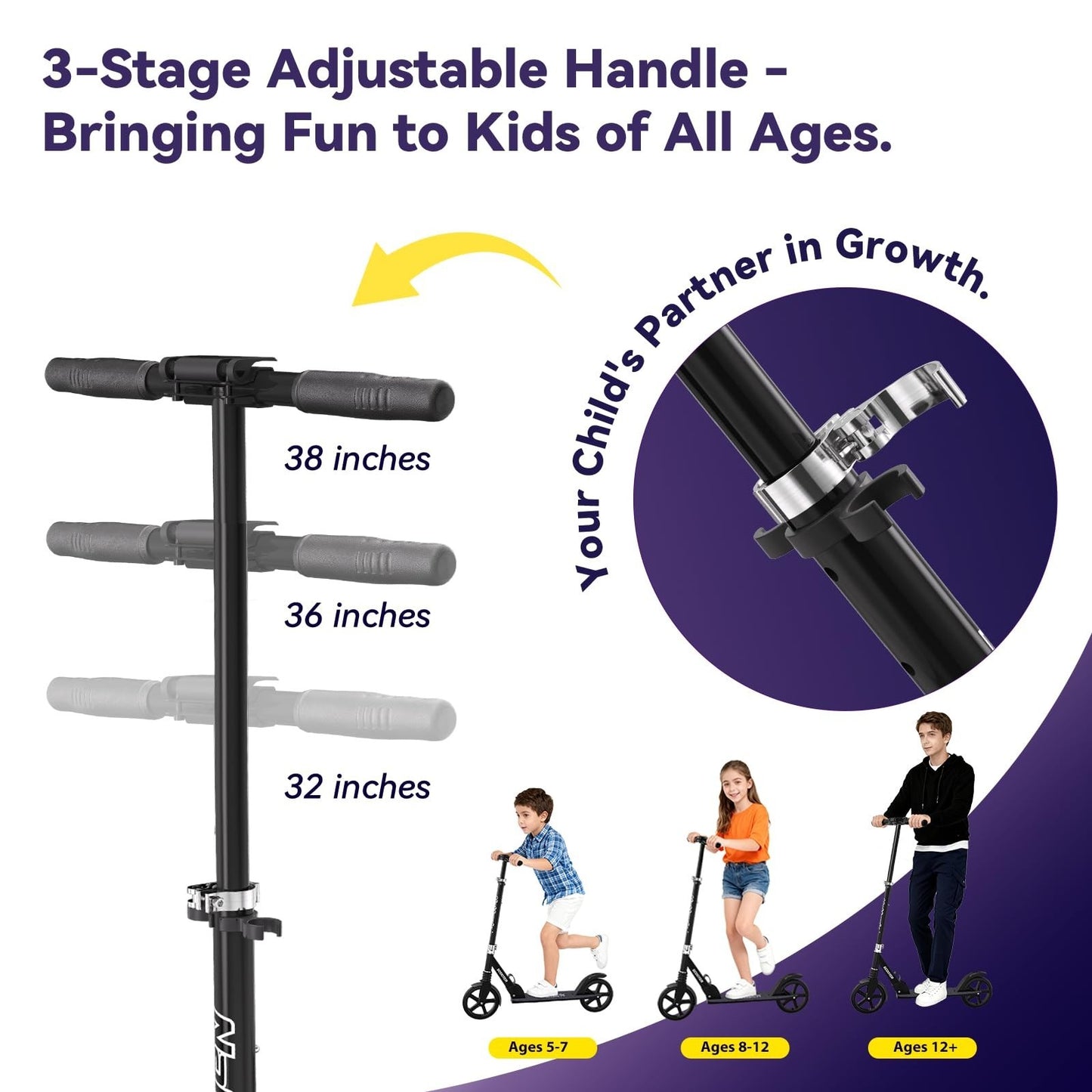 Adjustable Kick Scooter for Kids & Teens, Max Load 240 LBS, Foldable, 8" Wheels,4