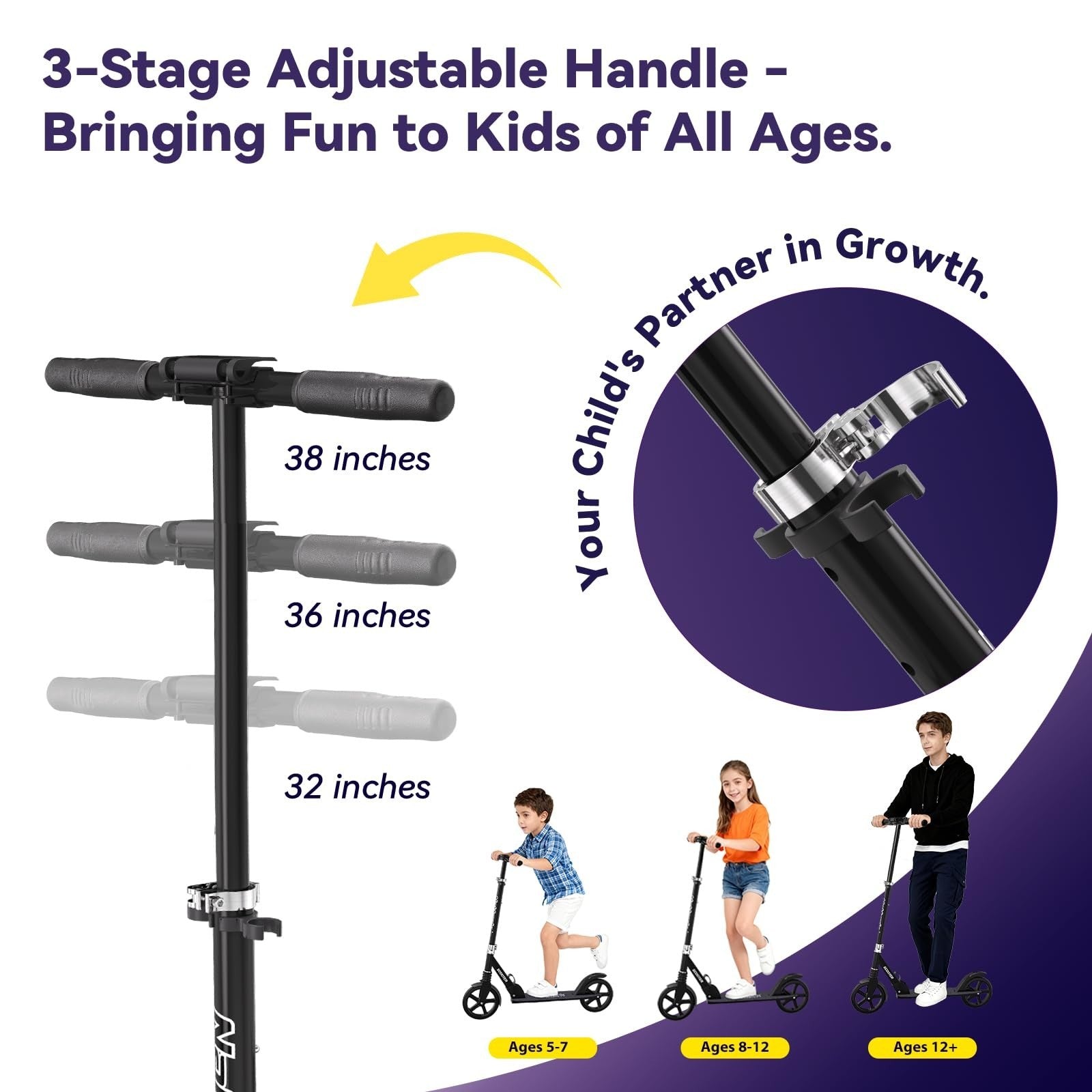 Adjustable Kick Scooter for Kids & Teens, Max Load 240 LBS, Foldable, 8" Wheels,4