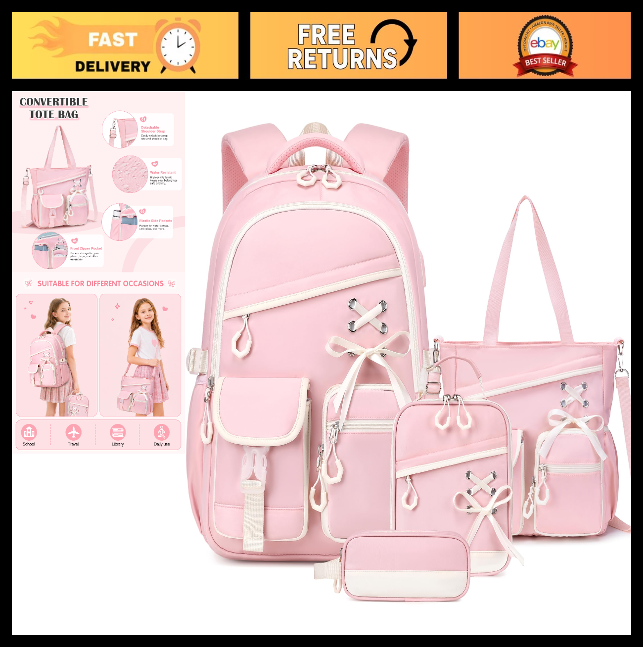 4PCS Girls Backpacks Set   Tote Bag, Lunch Bag & Pencil Pouch   Stylish & Functi0