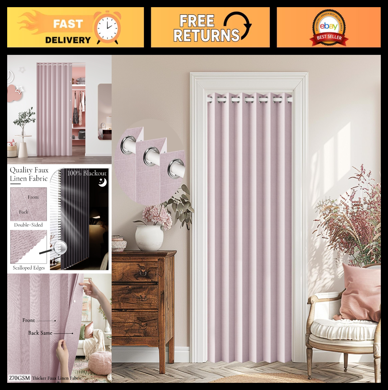 100% Blackout Magnetic Door Curtain, 80" Long, Pink, W45 x L80, Ideal for Closet0