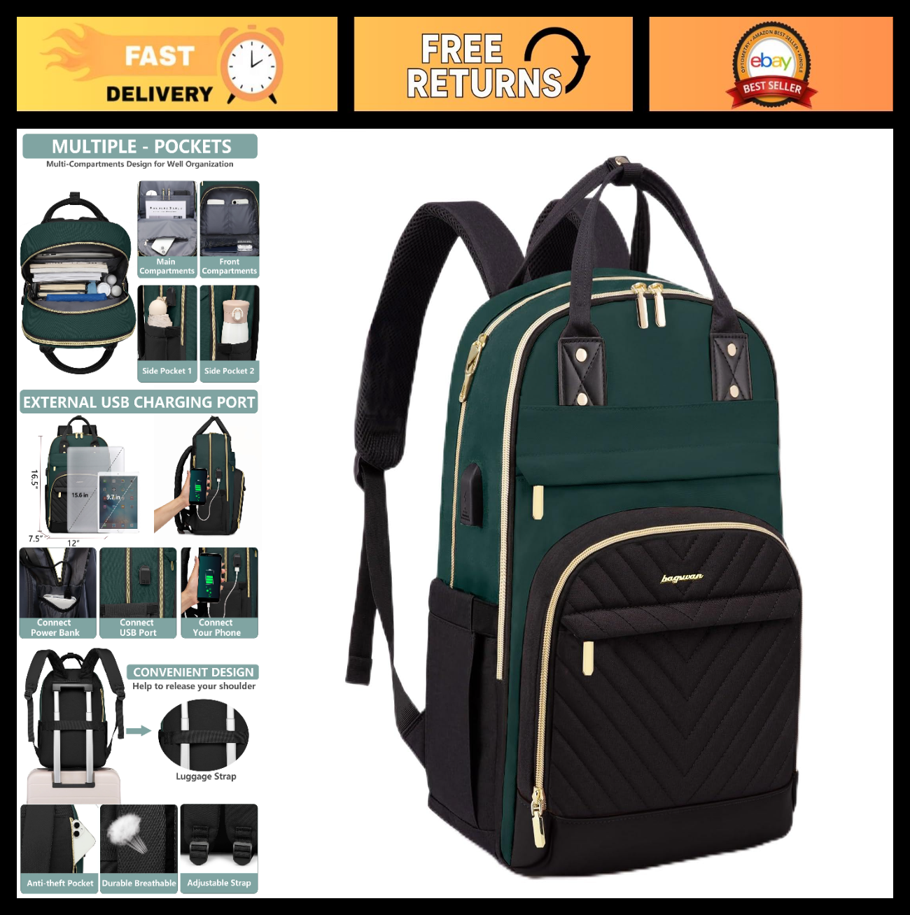 Stylish 15.6" Laptop Backpack for Women   Waterproof Travel Bag with USB Charger0