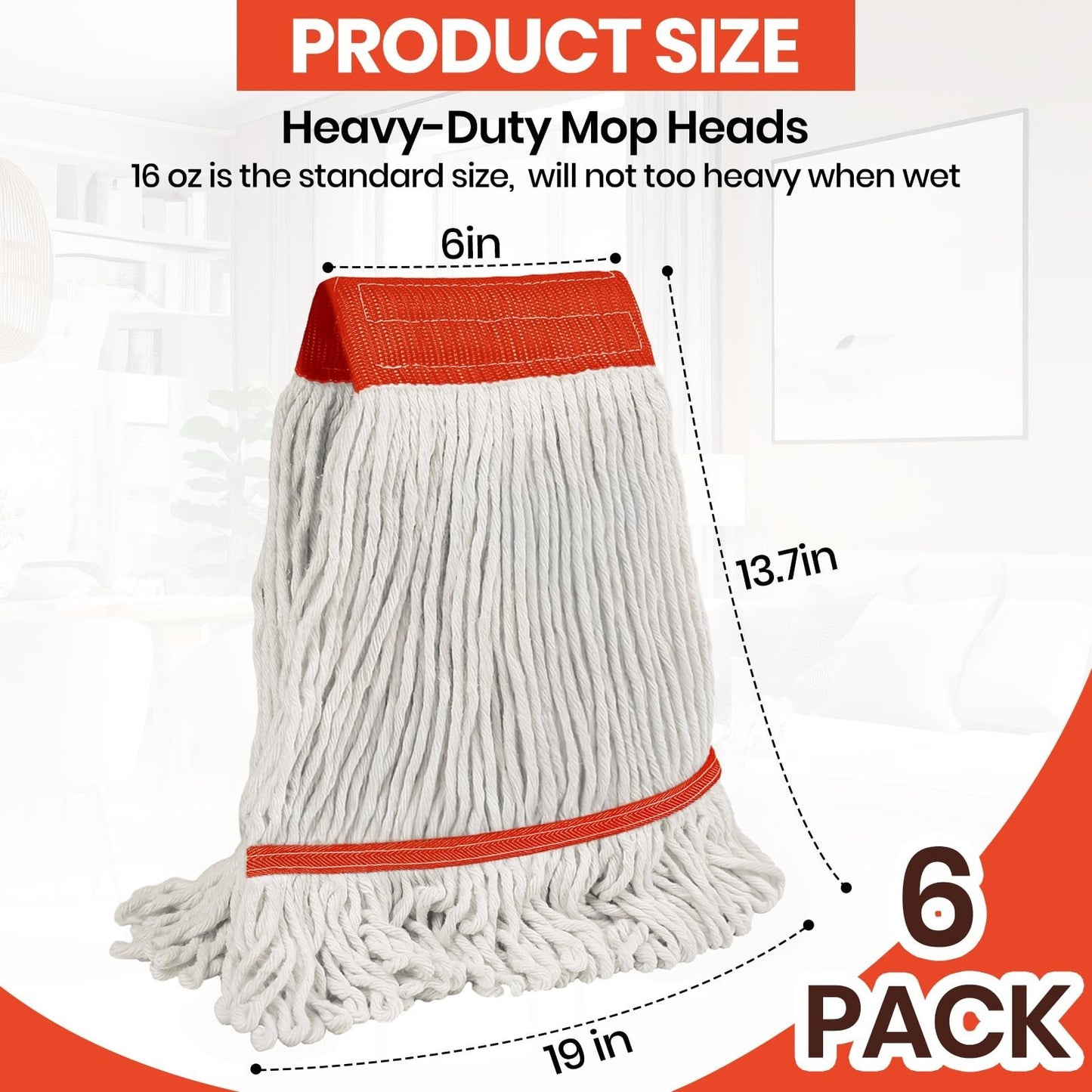 6PK Heavy Duty Cotton Mop Head Refills, Highly Absorbent Industrial Wet Mop for1