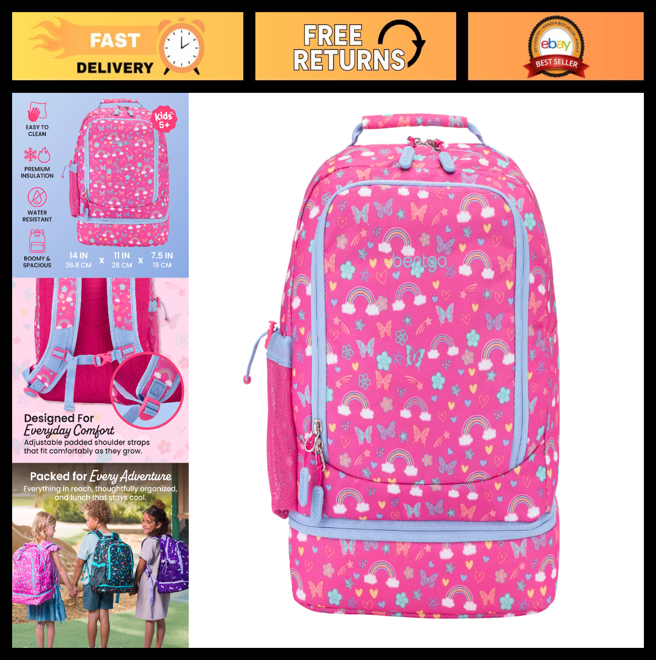 Kids 2 in 1 Backpack & Insulated Lunch Bag Set   Padded Straps, Durable & Stylis0