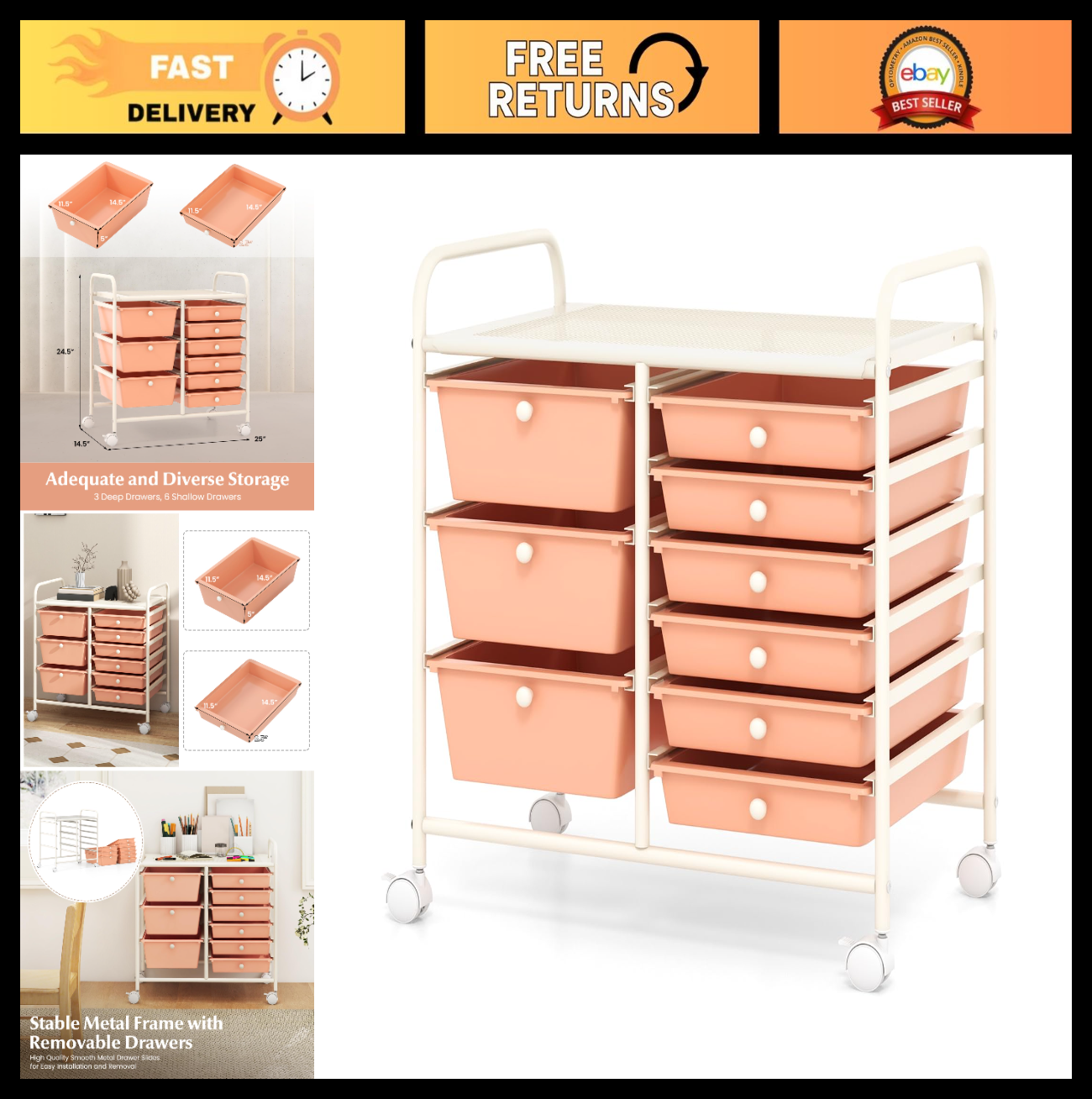 9 Drawer Rolling Storage Cart   Mobile Utility Cart with Wheels for Craft, Art &0