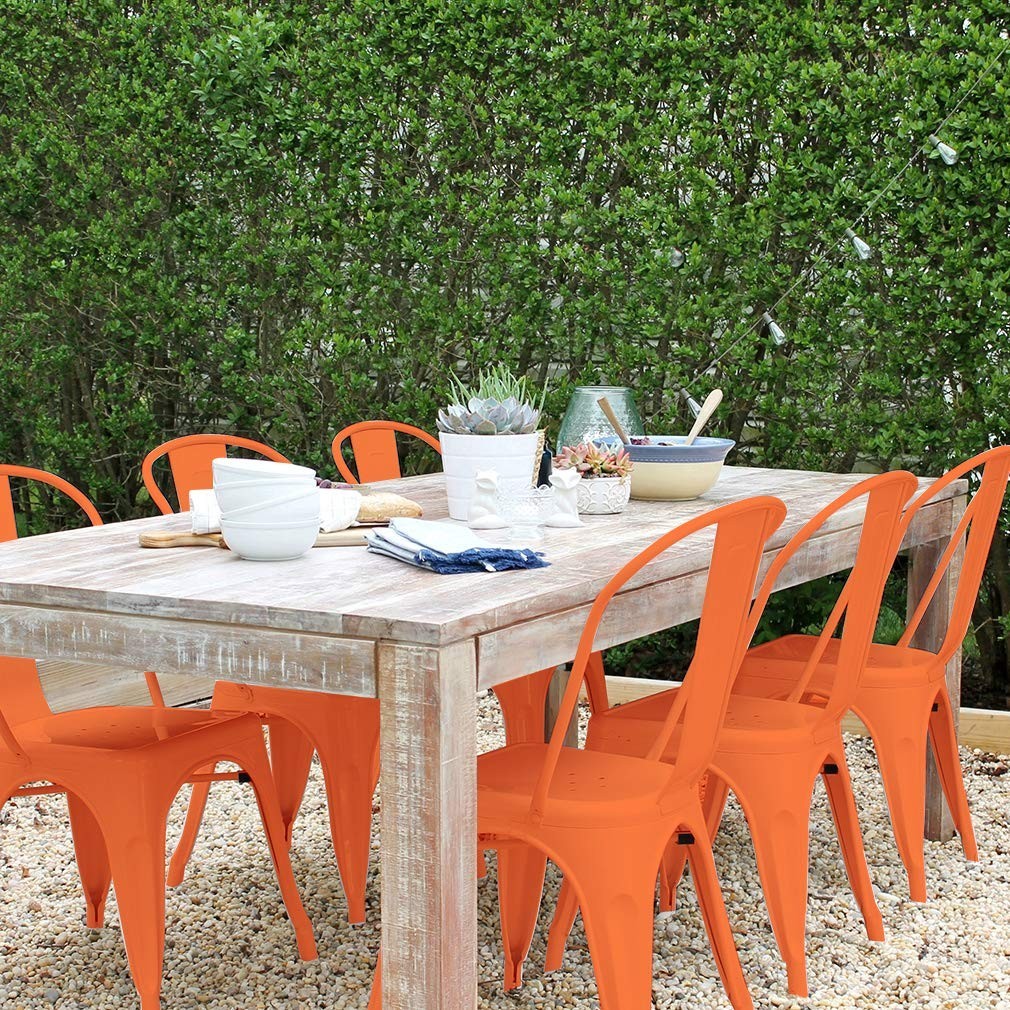 Set of 4 Stackable Metal Dining Chairs   Orange Tolix Style, Backrest, Scratch R2