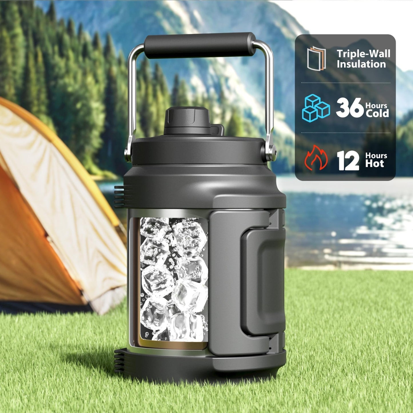 64 oz Insulated Water Bottle - Triple Wall Vacuum, Half Gallon Jug, Leak Proof,3