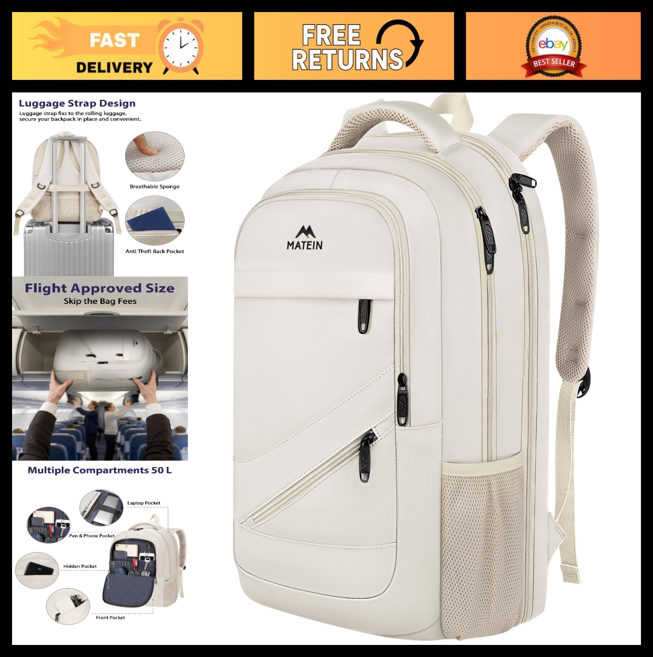 Extra Large College Backpack for Women, 18 Inch Laptop Bag, Stylish Cream Color0