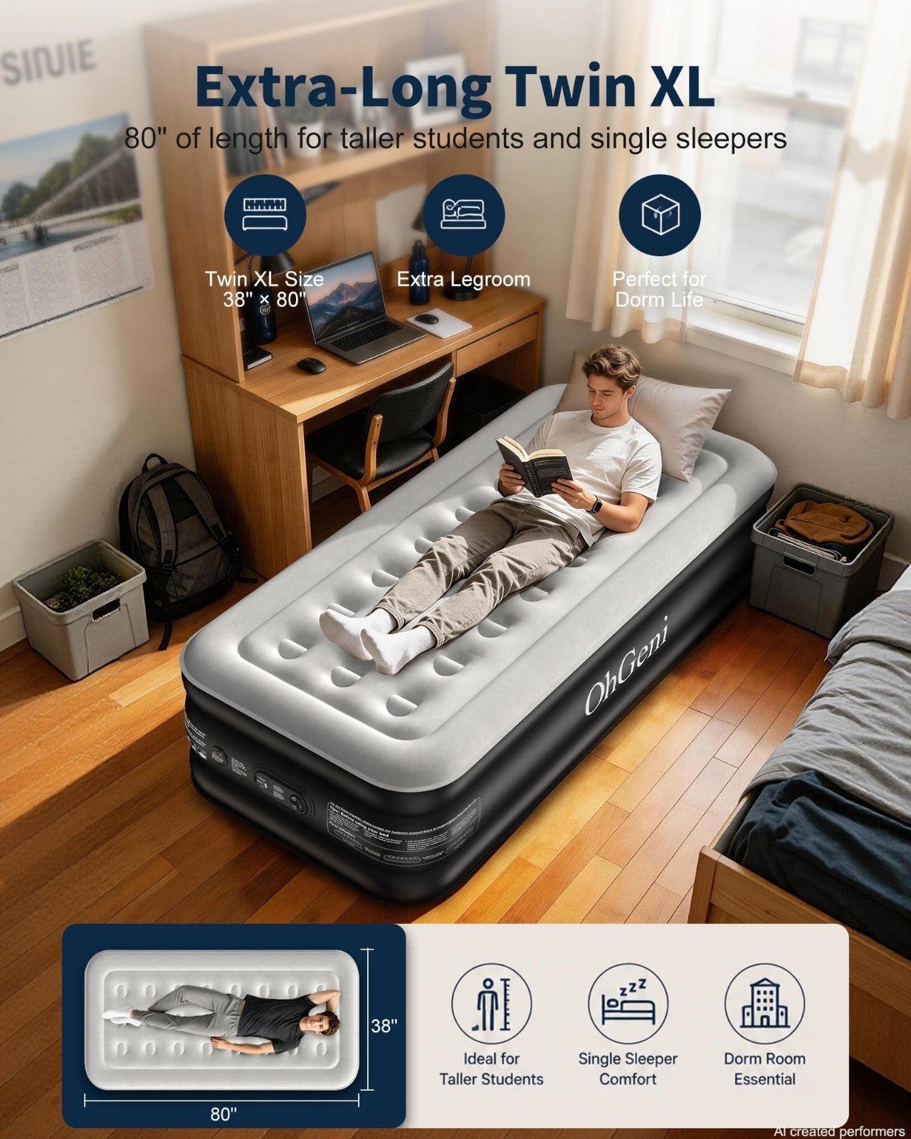 18" Twin XL Air Mattress with Built in Pump, Waterproof, 500lb Capacity, Extra L2