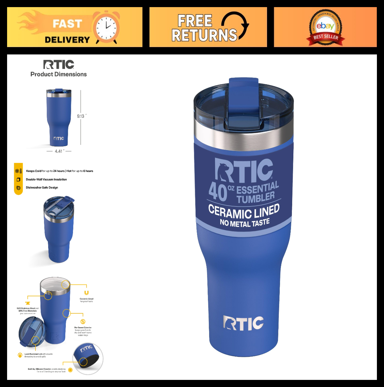 40oz Insulated Travel Tumbler with Lid   Ceramic Lined, Double Wall, Stainless S0