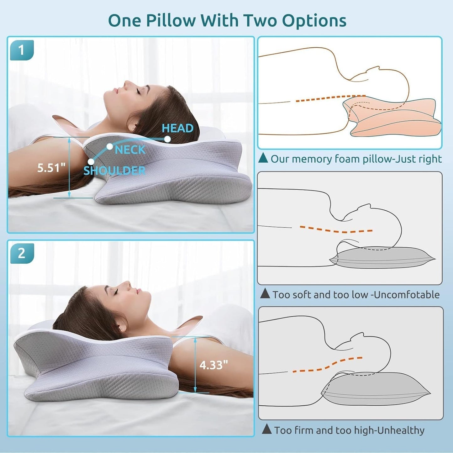 Cervical Memory Foam Pillow for Neck & Shoulder Pain Relief, Ergonomic Cooling D3