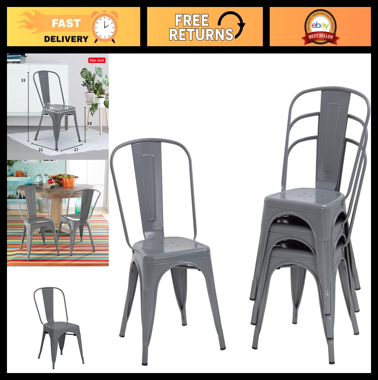 Set of 4 Stackable Metal Dining Chairs   Indoor/Outdoor, 18" Seat Height, 330LBS0