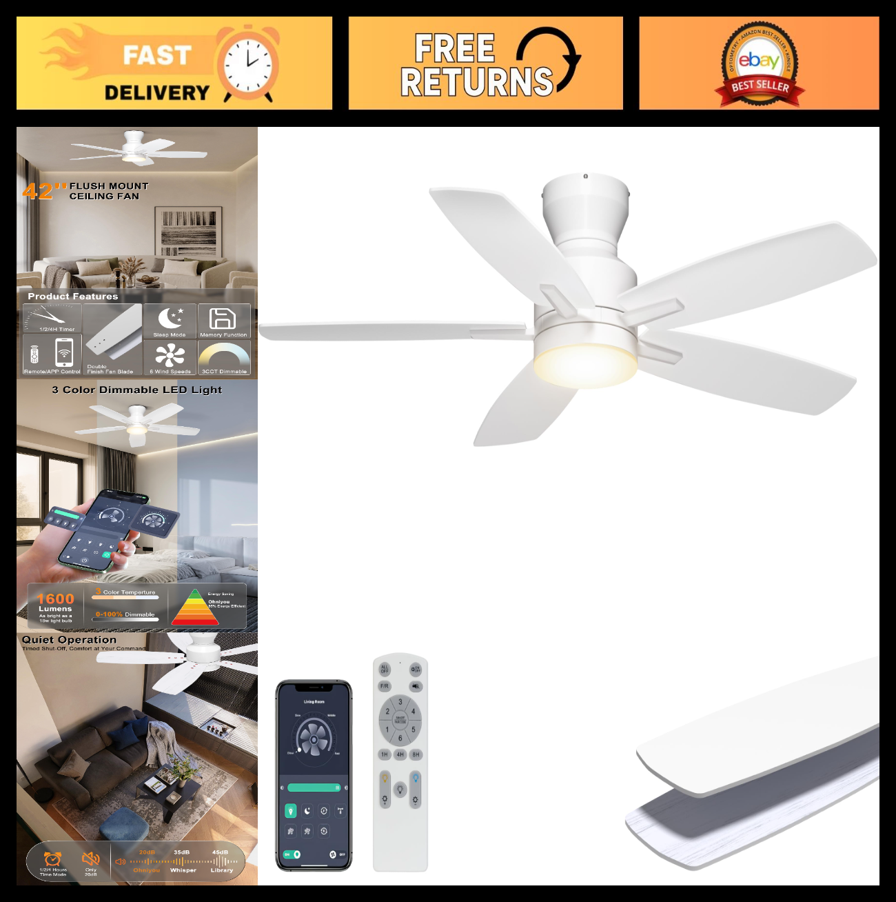 42" Low Profile Ceiling Fan with Lights, Remote/APP Control, Dimmable LED, Quiet0
