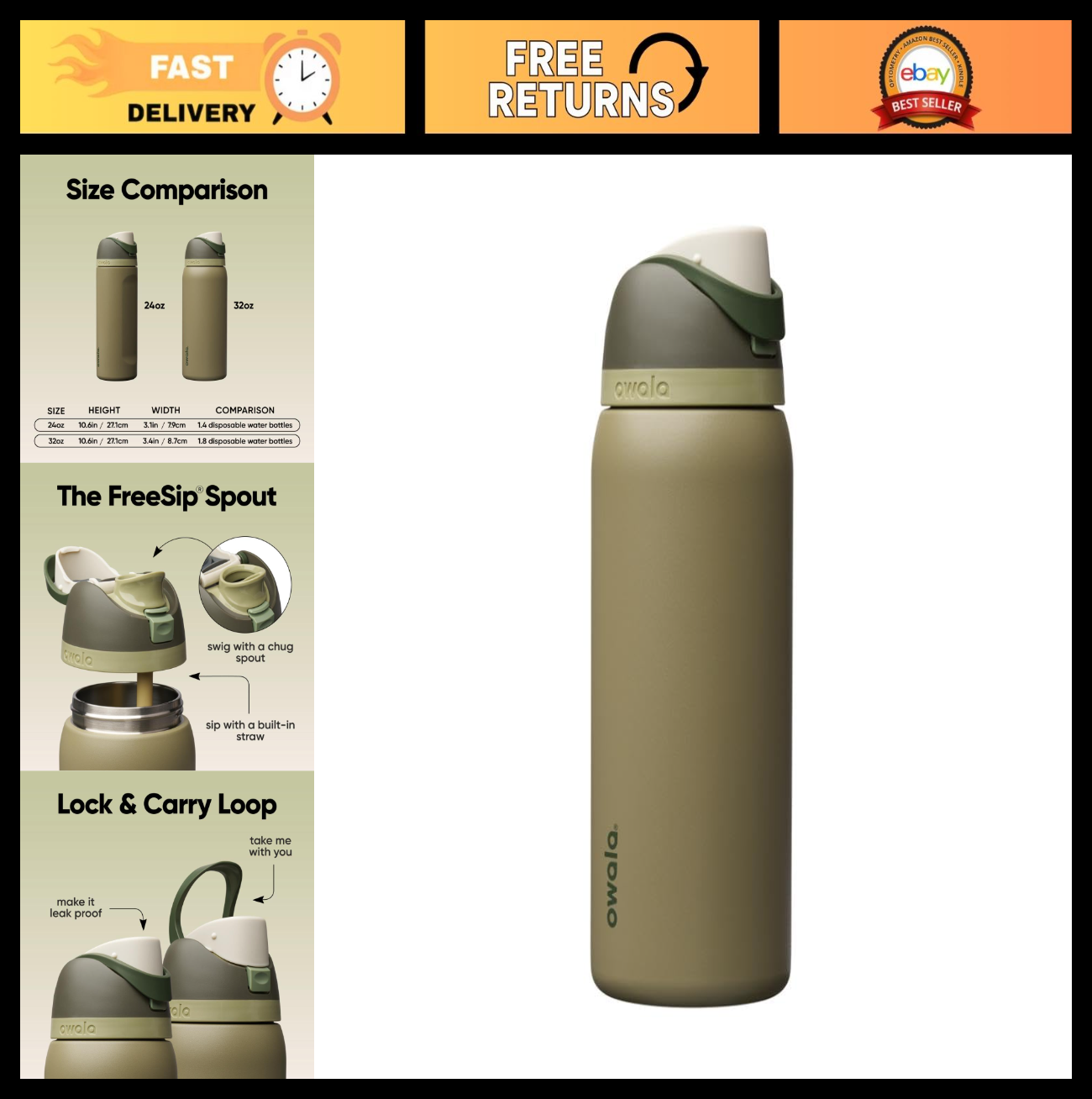 32oz Stainless Steel Water Bottle   FreeSip Design   Green Off Road Travel Mug0