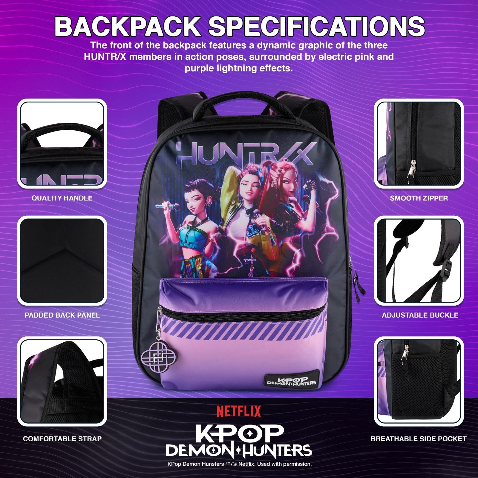 K Pop Demon Hunters 16” Backpack for Girls   Rumi, Zoey, Mira, Rubber Charm4