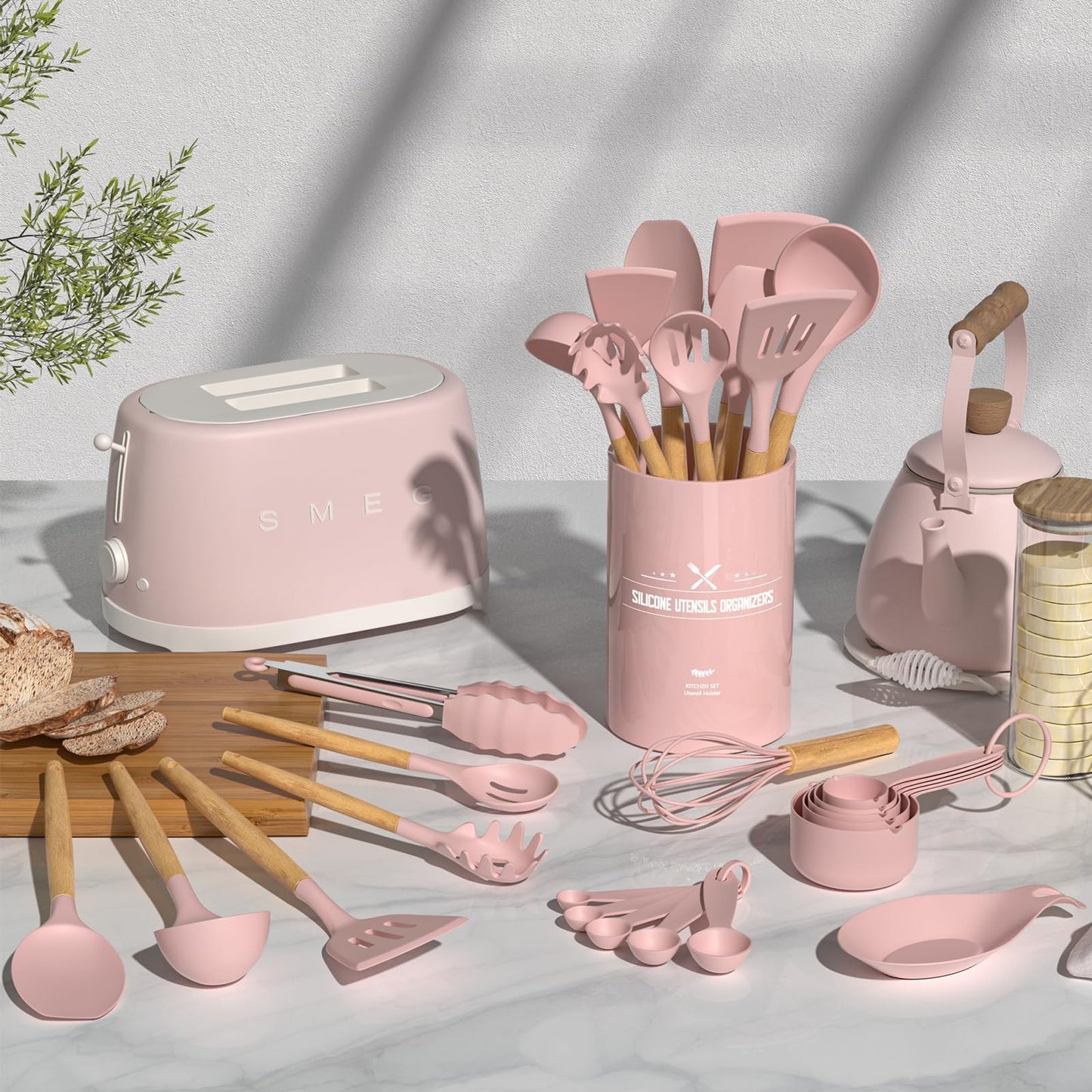33 Piece Silicone Kitchen Utensils Set with Stand, Non Stick, Wooden Handle, Pin2