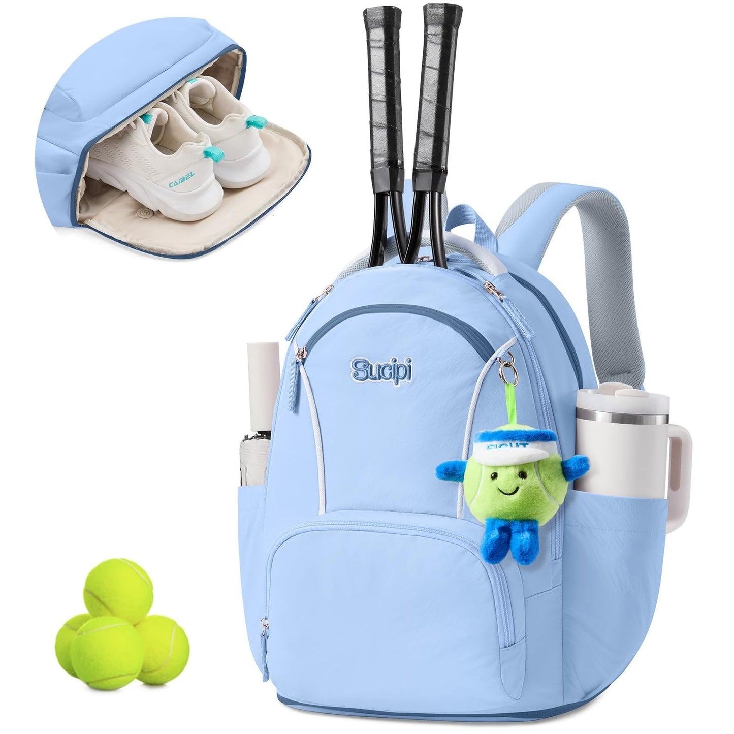 Tennis Backpack for Women - Holds 2 Rackets, Ventilated Shoe Compartment, Cup Ho0