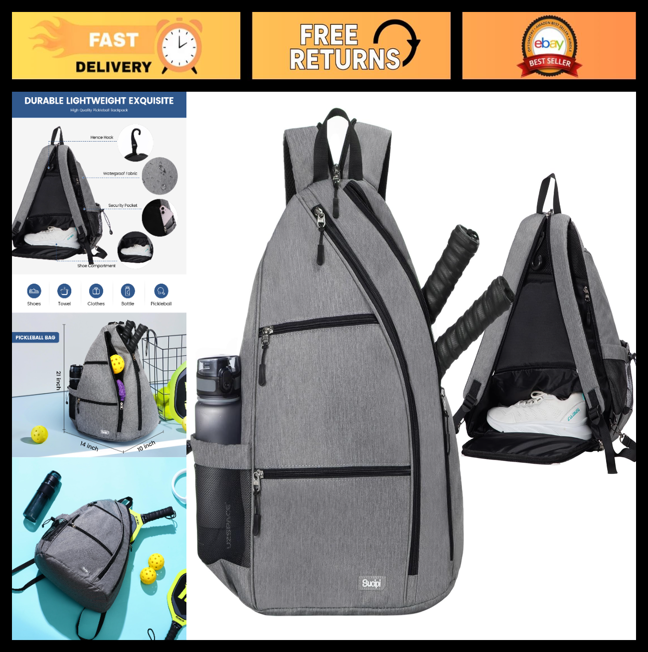 Convertible Pickleball Backpack with Fence Hook | Water-Resistant Sling Bag for0