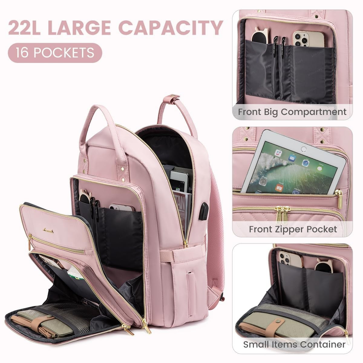 Stylish 15.6" Laptop Backpack for Women, Waterproof Daypack with USB Port, Pink4