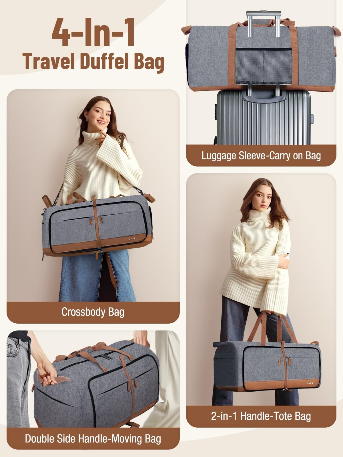 60L Foldable Travel Duffel Bag for Women, Large Weekend Bag with Shoe Compartmen4
