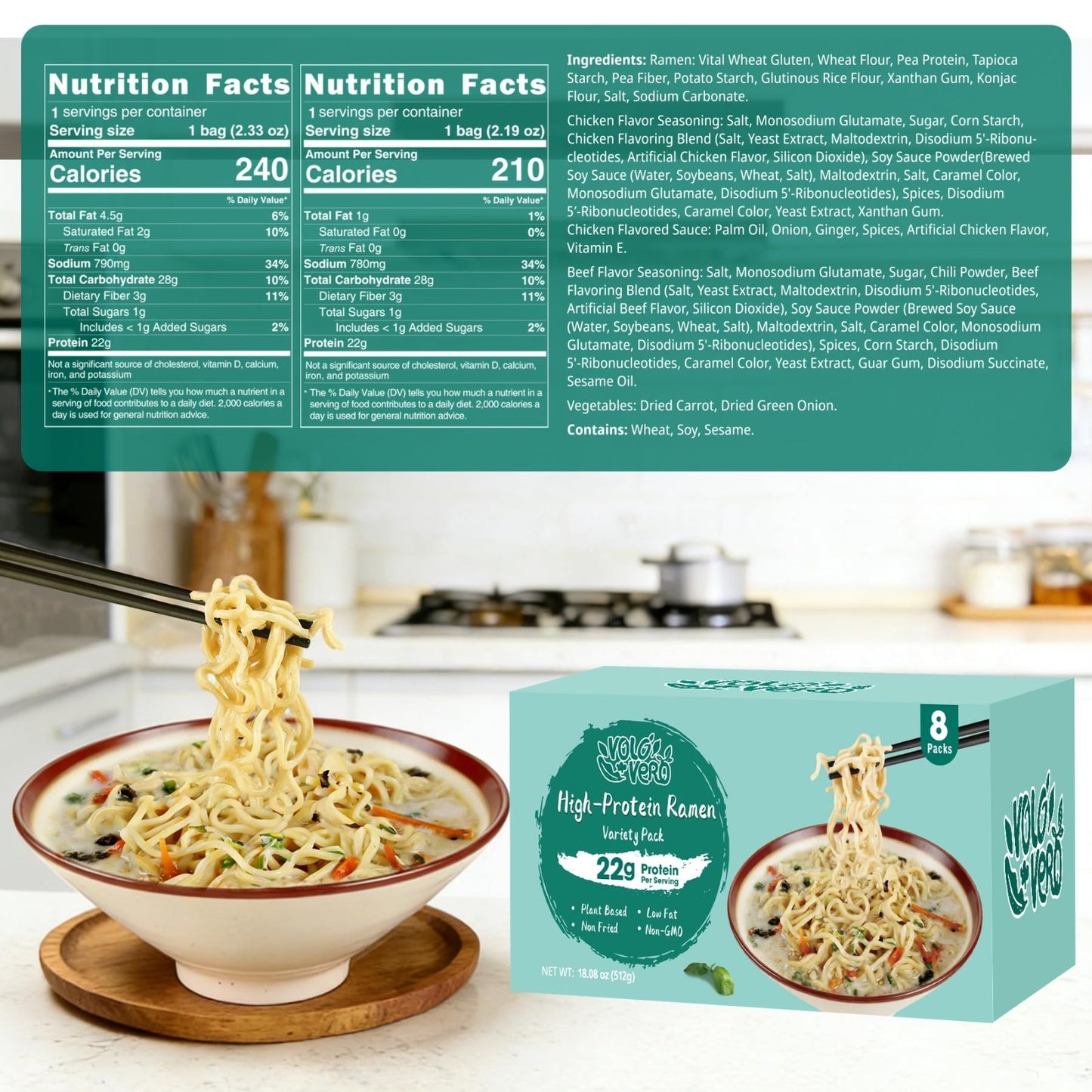 High Protein Vegan Ramen Noodles Variety Pack - 22g Plant Protein, 8 Pack, Low S2