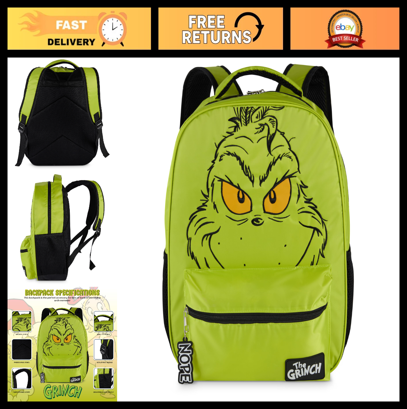 Grinch Backpack for Kids   16” Bookbag with Big Face & Molded Dangle, Green0