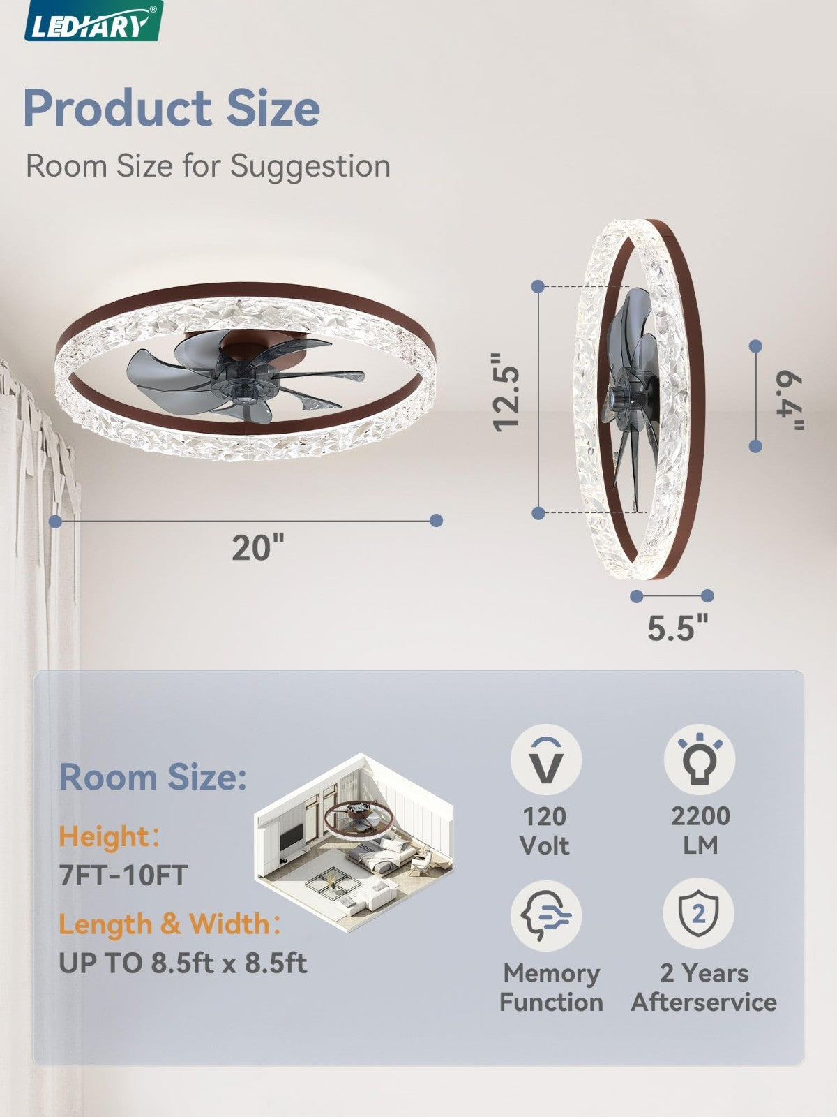 20" Modern LED Ceiling Fan with Lights, Remote, Dimmable, 6 Speeds, Flush Mount6