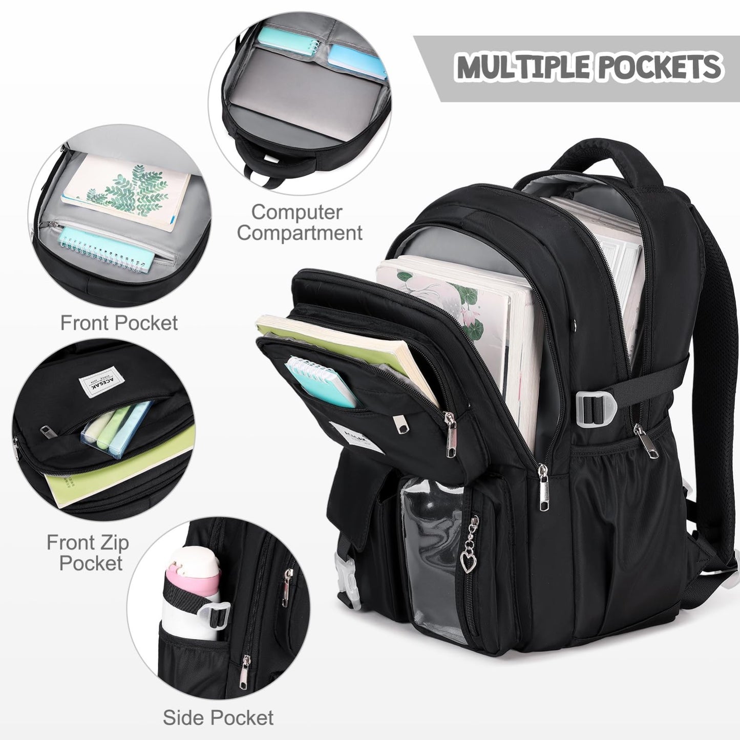 Stylish Girls Backpack with Lunch Bag & Pencil Pouch   Teen Laptop Bookbag, Blac3