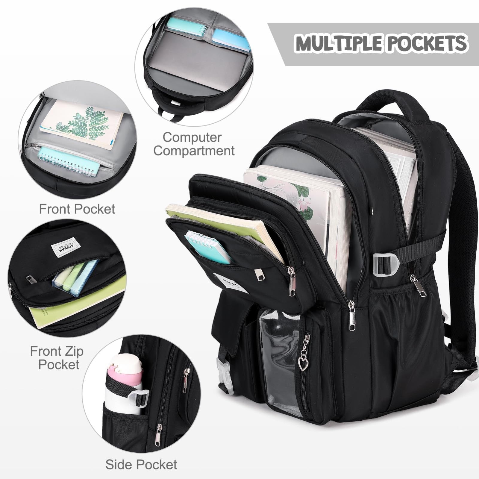Stylish Girls Backpack with Lunch Bag & Pencil Pouch   Teen Laptop Bookbag, Blac3