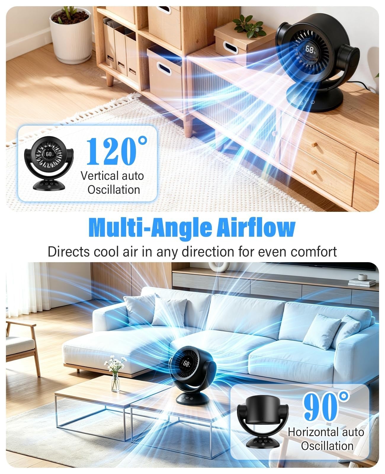 Quiet Air Circulator Fan with Remote, 90° Vertical & 120° Oscillating, 100 Speed3