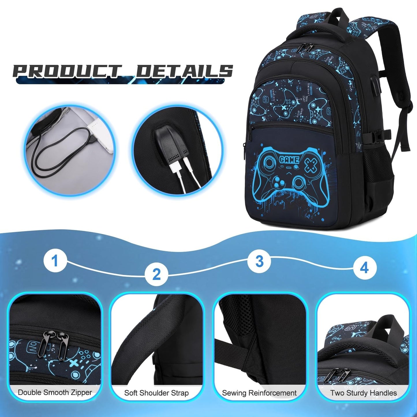 Cool Luminous Gamer Backpack Set for Boys, 6PCS with Lunch Bag & Pencil Case   S2