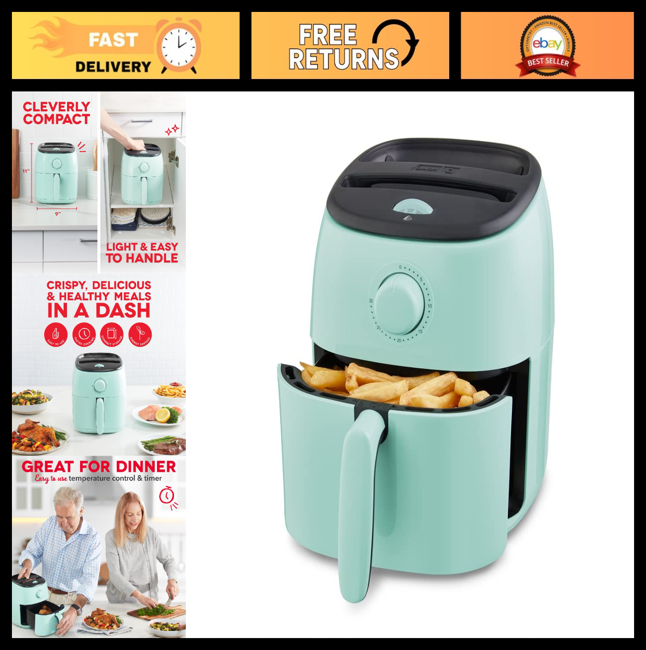 Compact Air Fryer with Adjustable Temperature Control - 2.6 Quarts - Nonstick Ba0
