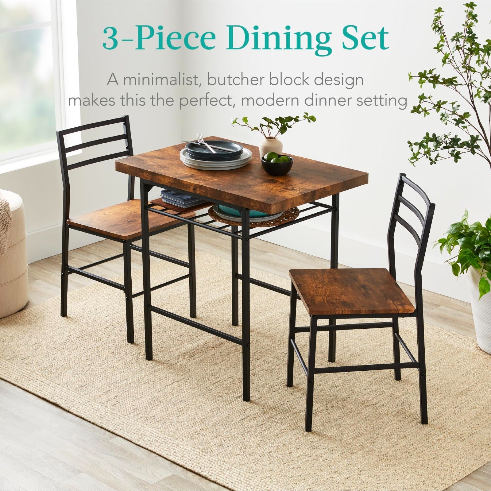 Modern 3 Piece Dining Set, Space Saving Dinette for Kitchen & Small Spaces, Stee3