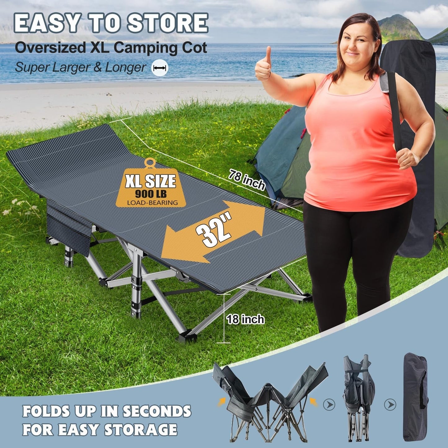 Oversized Folding Camping Cot for Adults   32" Wide, 900 lbs Capacity, Includes4