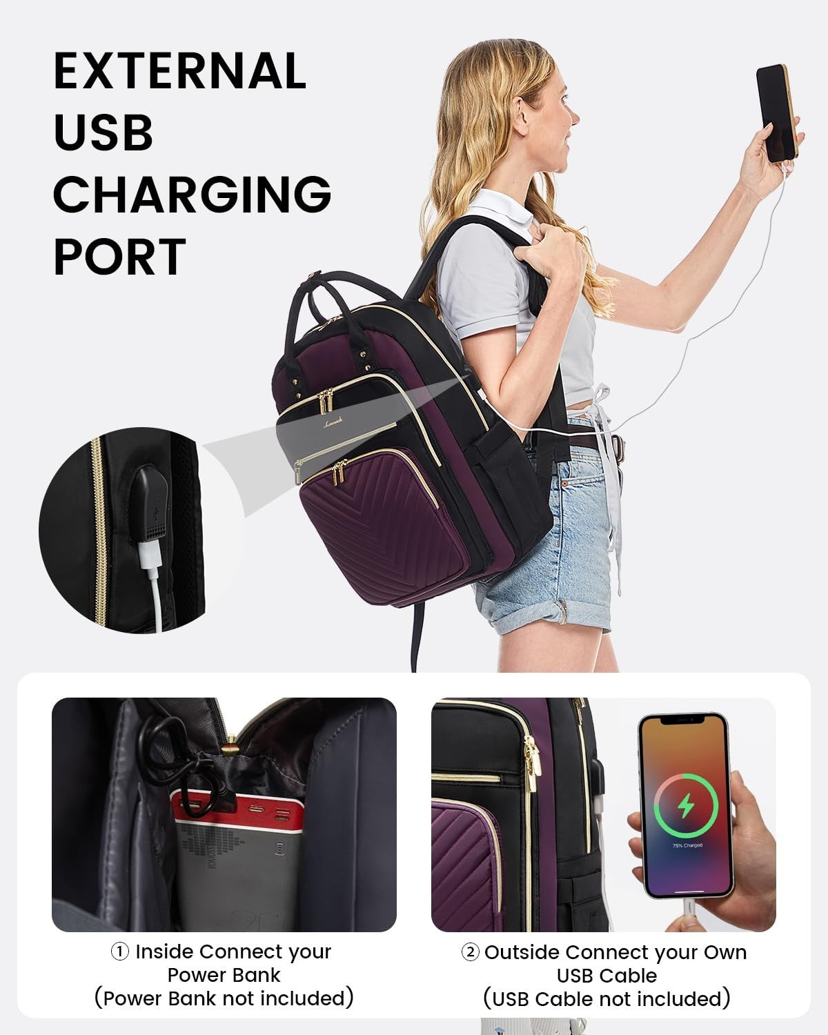 Stylish Water Resistant Laptop Backpack for Women   USB Charging, Fits 15.6" Lap4