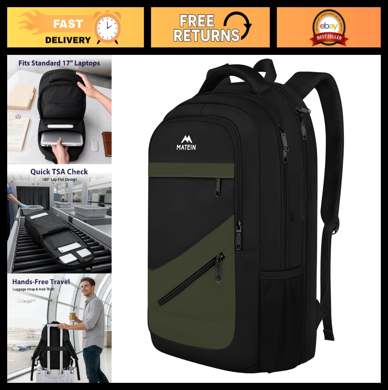 Airline Approved Laptop Backpack, Travel Work Bag with Multiple Pockets & USB Po0