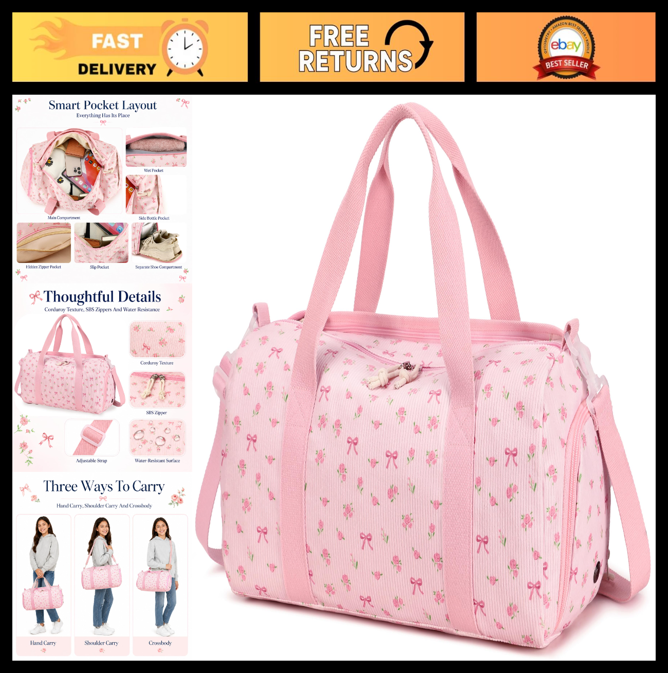 Cute Gym Duffle Bag for Girls - Waterproof Sports Overnight Bag with Shoe Compar0