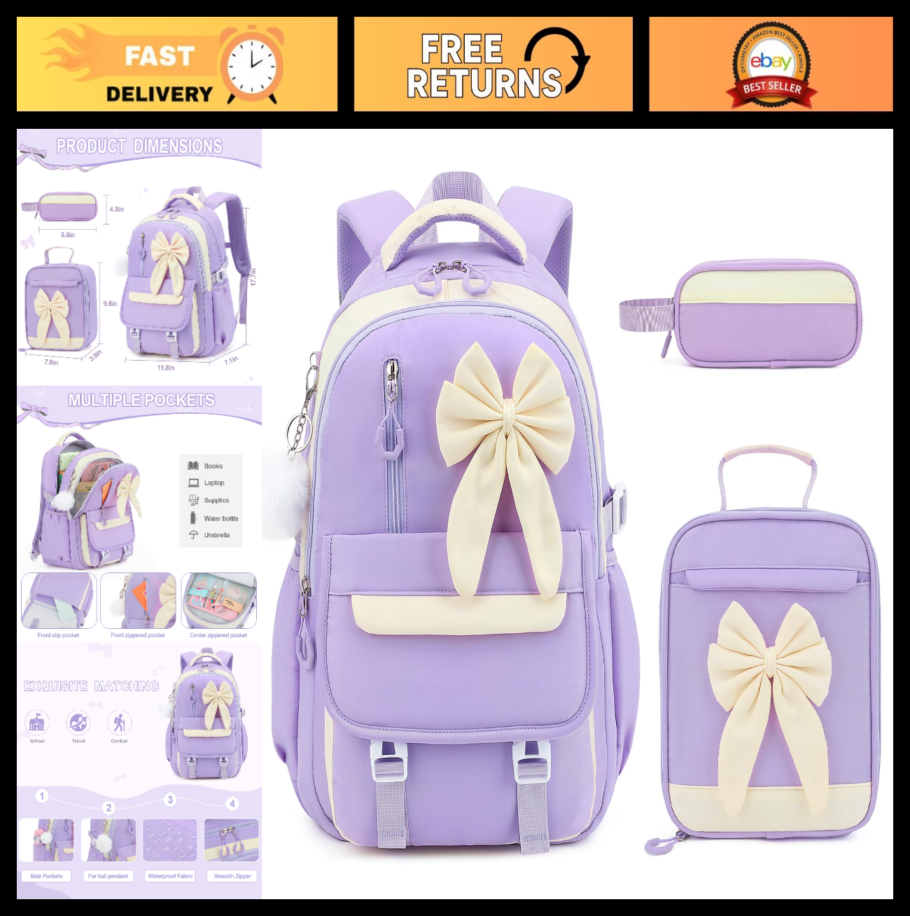 Girls Bow Backpack Set   3PCS with Lunch Bag & Pencil Case, Stylish School Bag0