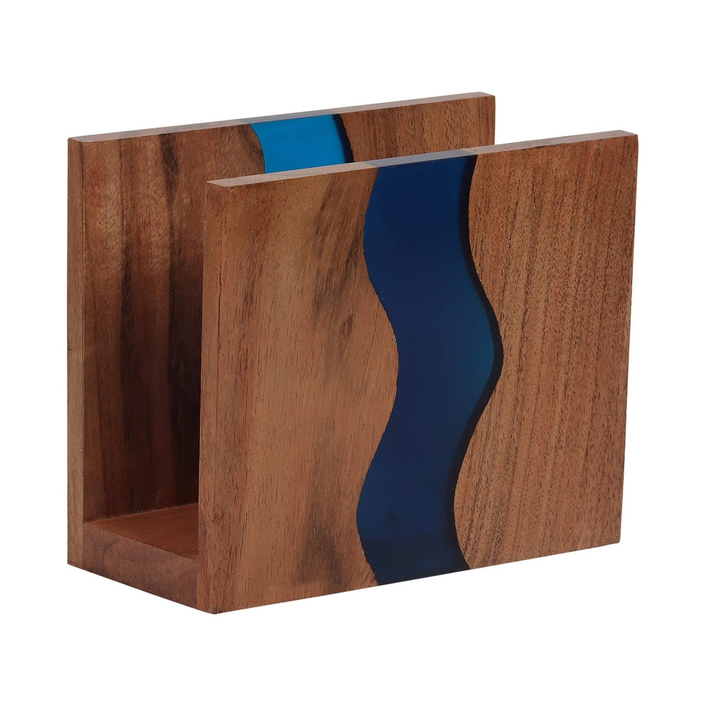 Rustic Acacia Wood Napkin Holder with Blue Epoxy Resin - Farmhouse Table Organiz1
