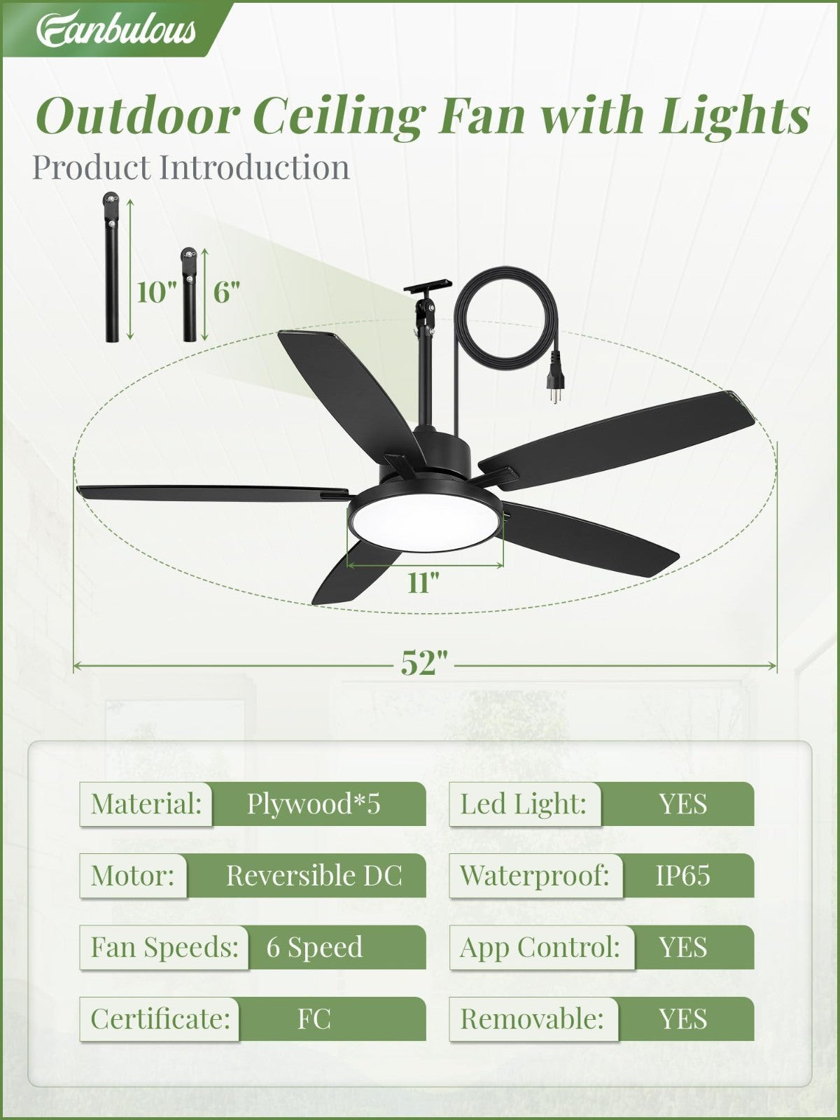52" Waterproof Outdoor Ceiling Fan with Light   IP65 Patio Fan for Deck & Porch3