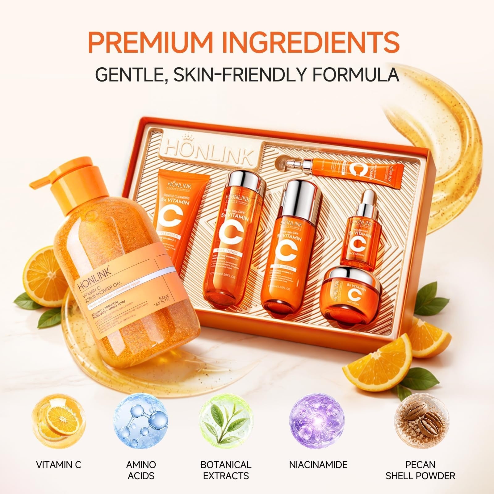 Vitamin C Skincare Gift Set for Women   Facial Care + Exfoliating Body Wash, Hyd6