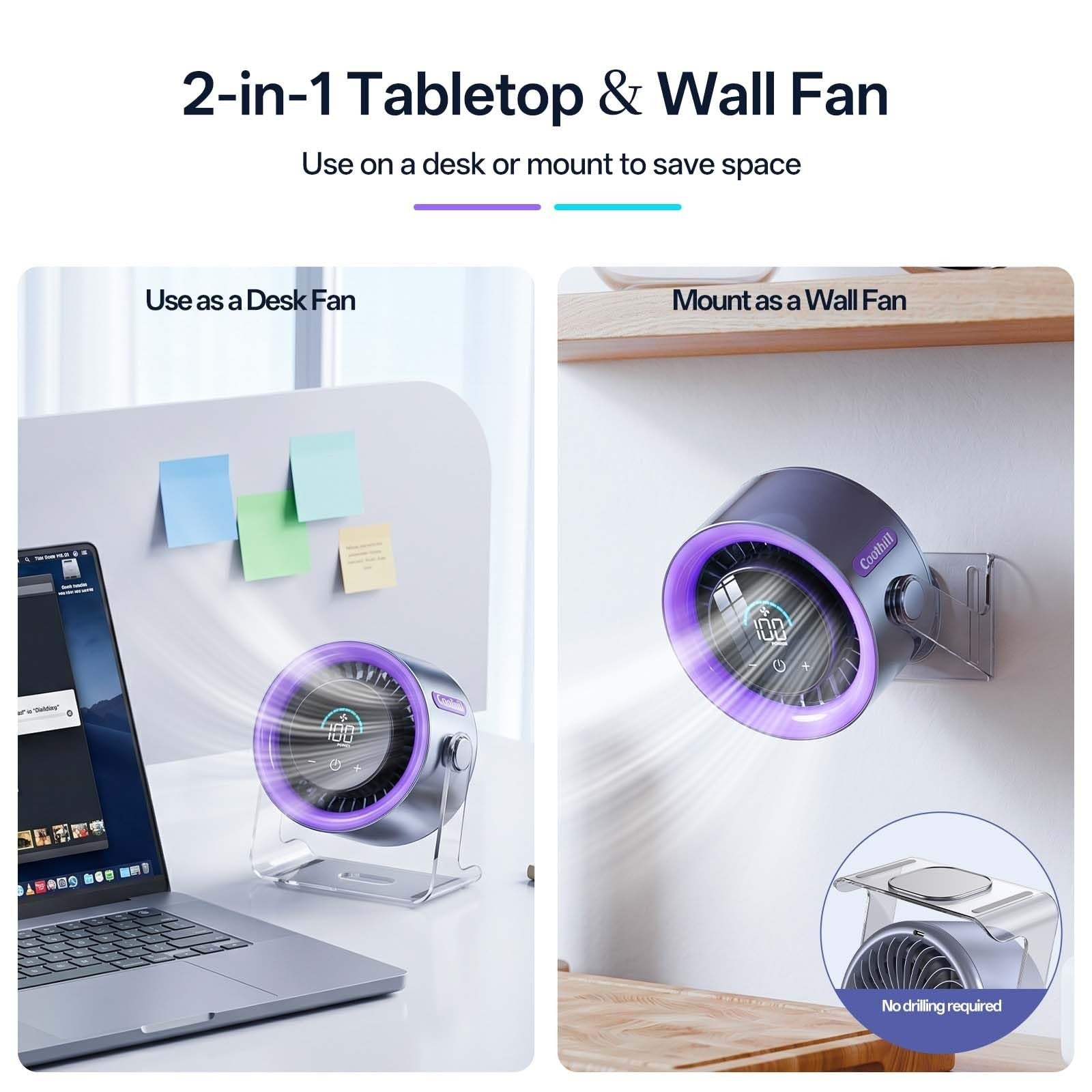 Quiet Portable USB Desk Fan   100 Speeds, Turbo Airflow, 120° Rotation, Recharge3