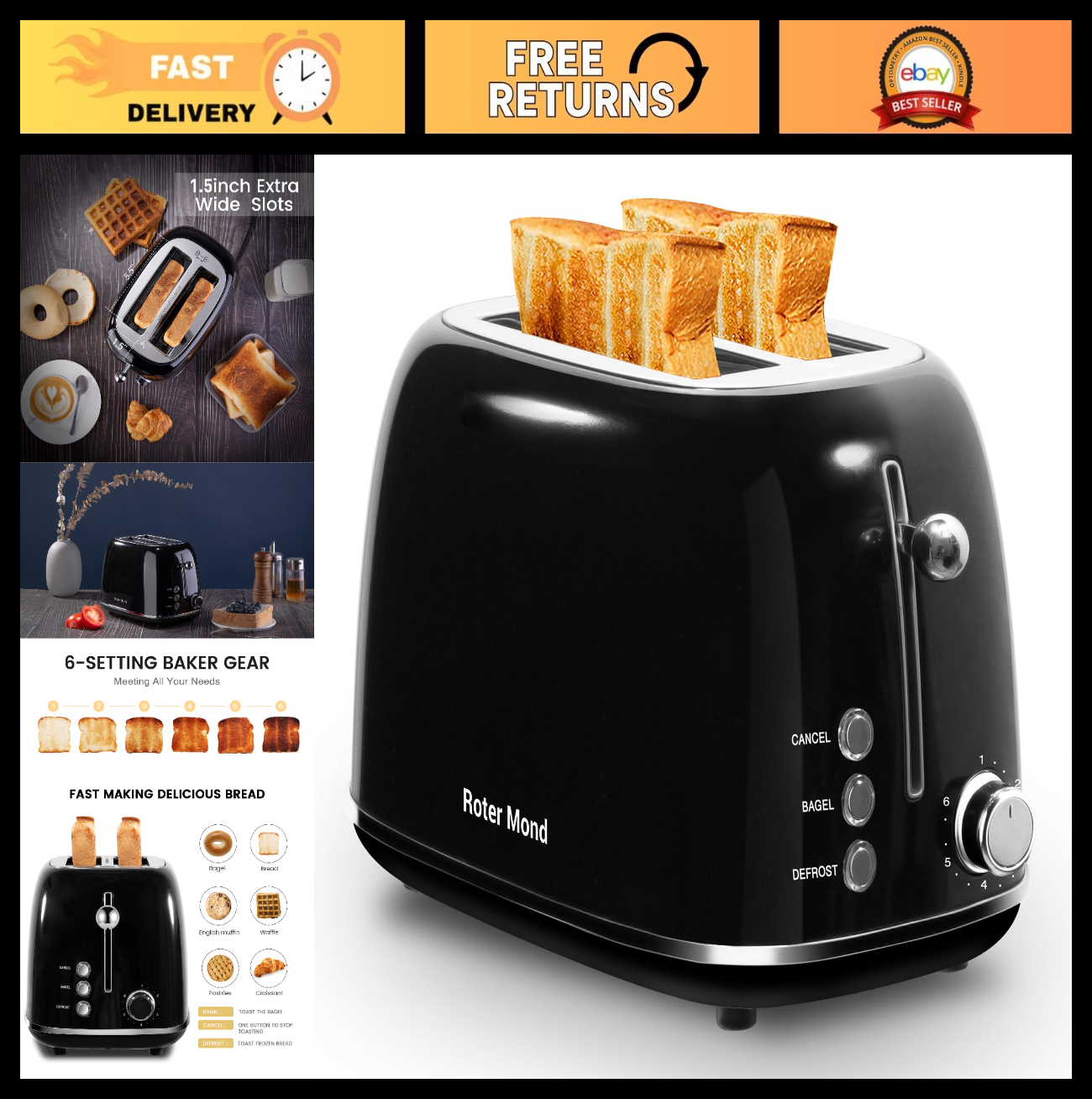 Retro Stainless Steel 2 Slice Toaster with Bagel, Defrost, 6 Shade Settings, Bla0