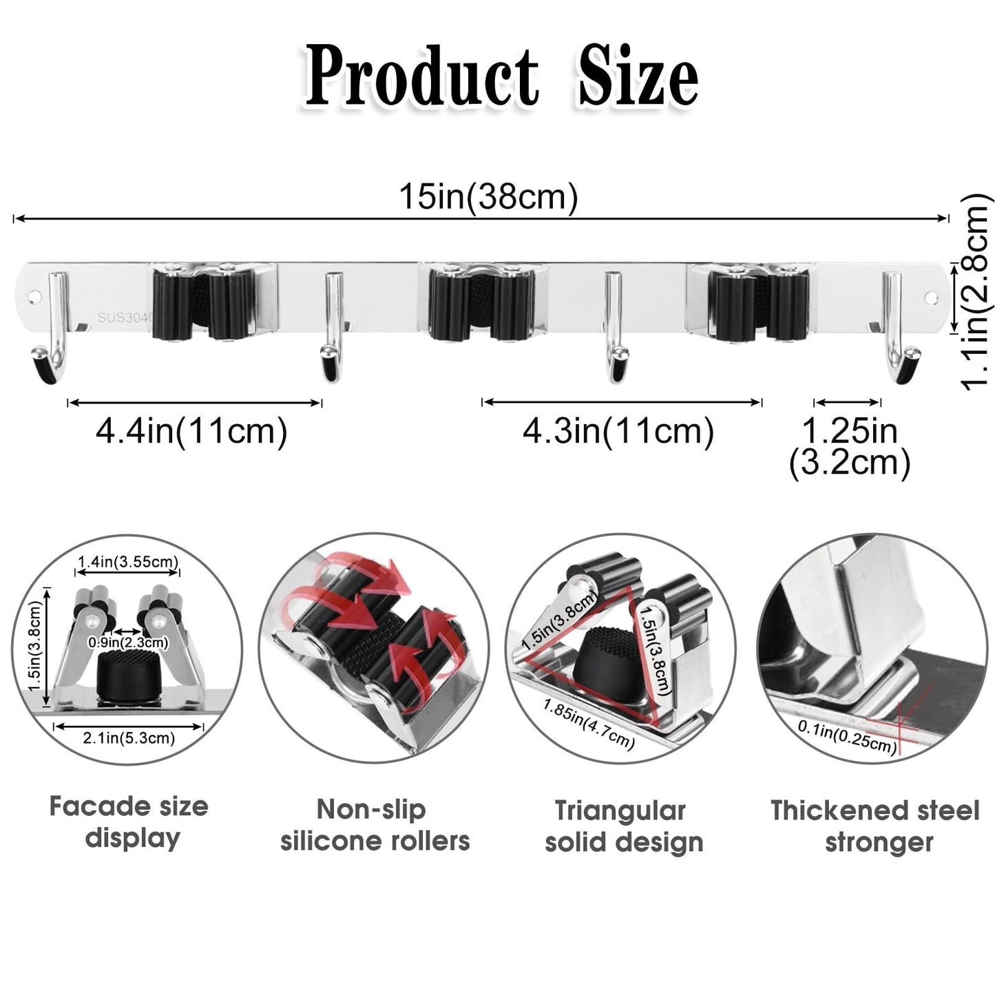 Heavy Duty Wall Mount Broom Holder - 3 Racks & 4 Hooks Mop Organizer Storage2