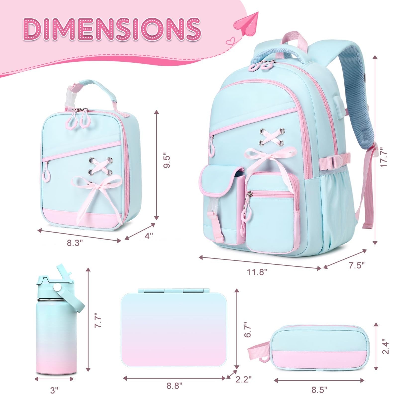 Girls Backpack Set   9PCS with Lunch Bag, Pencil Case, Bento Box & Water Bottle2