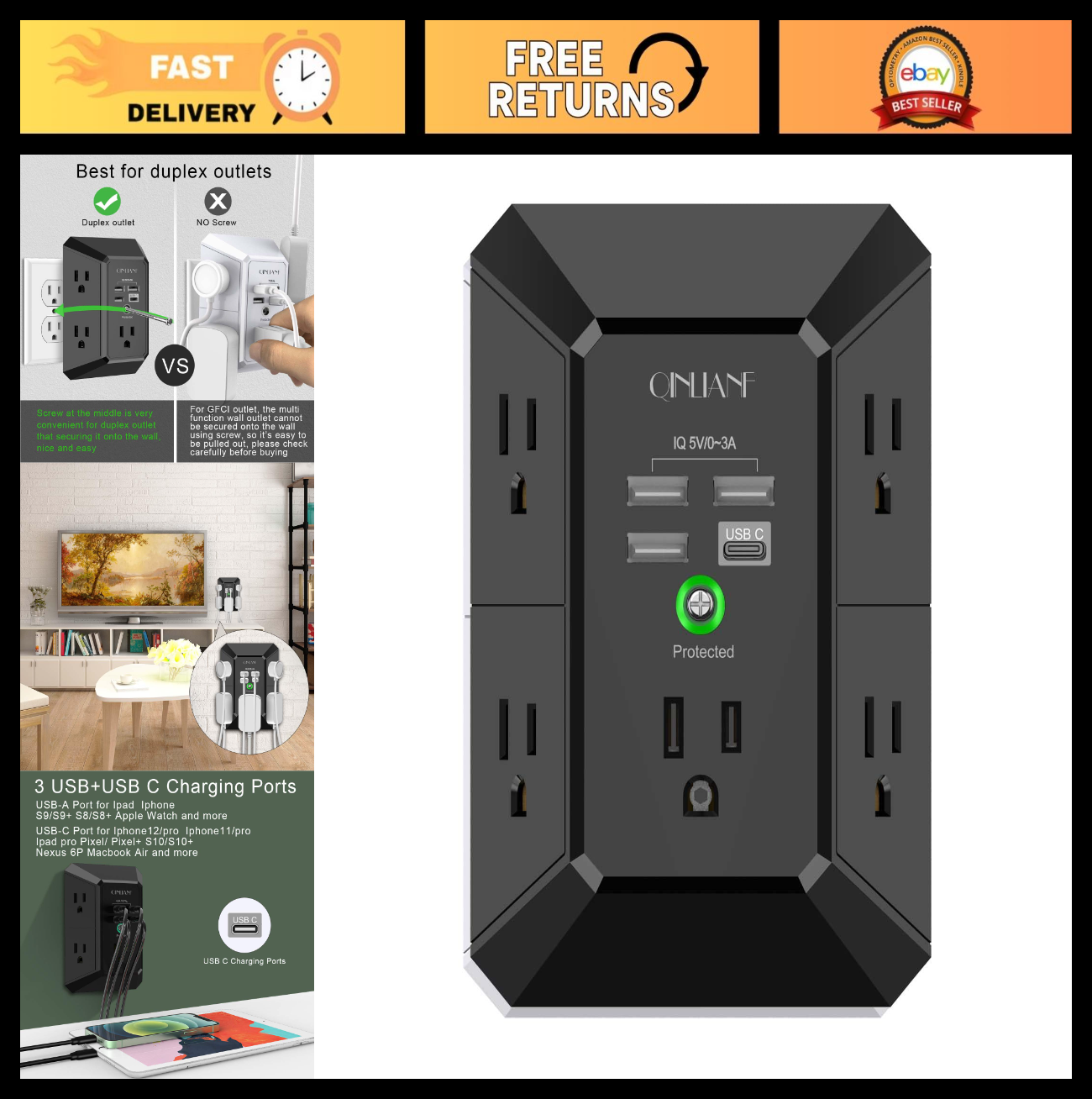 5 Outlet USB Wall Charger Surge Protector Power Strip 4.8A 3 Sided Multi Plug Ad0