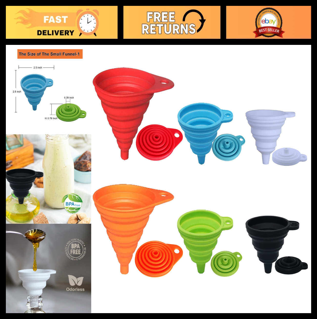 Collapsible Silicone Funnel Set   6 Pack, Small & Large Kitchen Gadgets for Liqu0